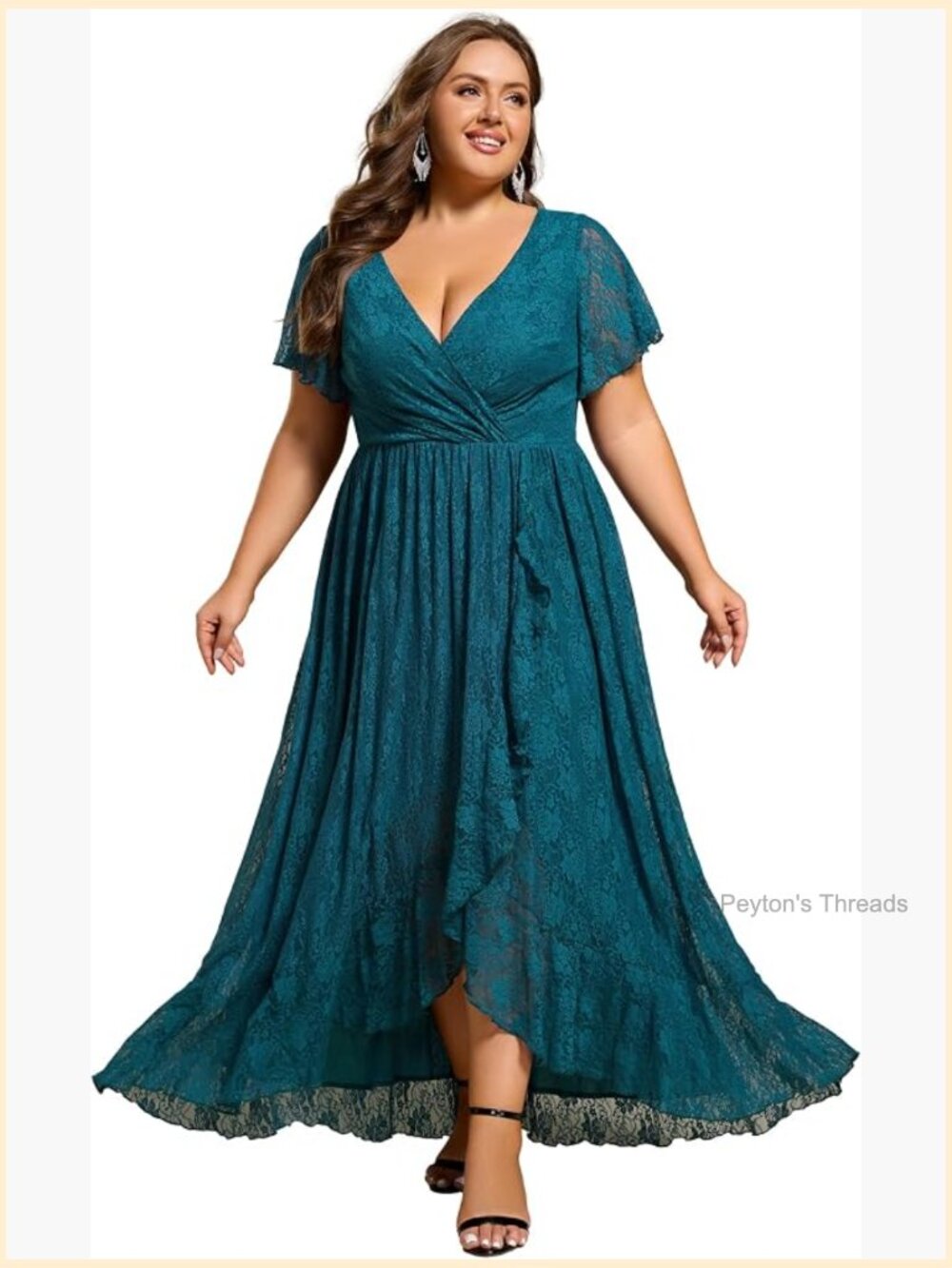 Plus Size V-Neck Lace Dress with Ruffled Sleeves Semi-Formal Mother of Bride